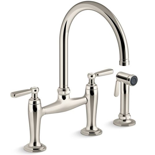 Main product image of Edalyn by Studio McGee Two-hole Bridge Kitchen Faucet w/ Side Sprayer (Vibrant Polished Nickel), K-28356-SN