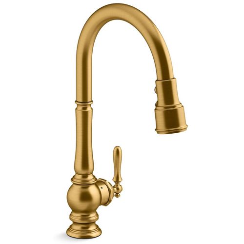 Main product image of Artifacts Touchless Pull-down Kitchen Faucet w/ Kohler Konnect And 3-Function Sprayhead (Vibrant Brushed Moderne Brass), K-29709-WB-2MB