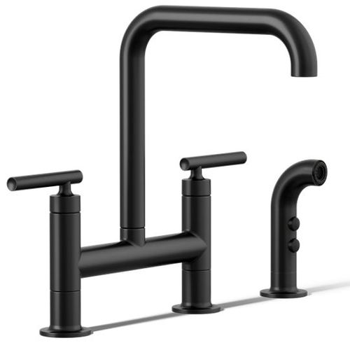 Main product image of Purist Two-hole Bridge Kitchen Faucet w/ Side Sprayer (Matte Black), K-7548-4-BL