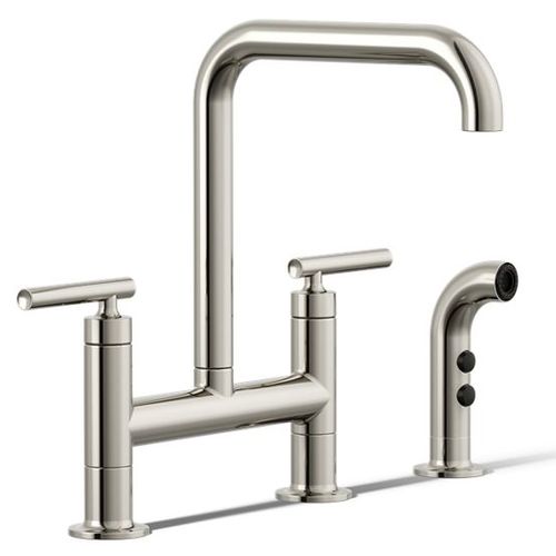 Main product image of Purist Two-hole Bridge Kitchen Faucet w/ Side Sprayer (Vibrant Polished Nickel), K-7548-4-SN