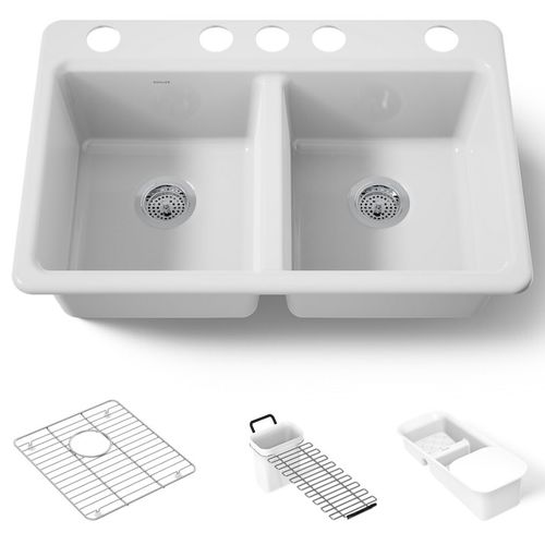 Main product image of Riverby 33" Undermount Double-bowl Workstation Kitchen Sink (White), K-8679-5UA3-0
