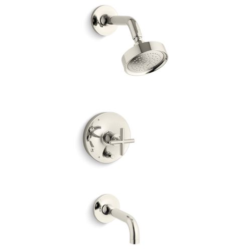 Main product image of Purist Rite-temp Bath And Shower Trim Kit w/ Push-button Diverter And Cross Handle, 2.5 GPM (Vibrant Polished Nickel), K-T14421-3-SN