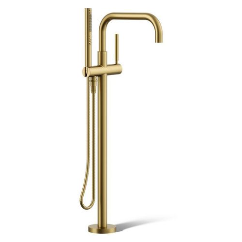 Main product image of Purist Floor-Mount Bathtub Filler Trim with Handshower (Vibrant Brushed Moderne Brass), K-T97328-4-2MB