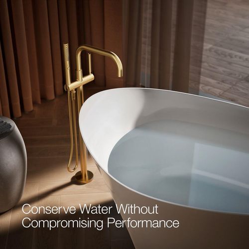 Main product image of Purist Floor-Mount Bathtub Filler Trim with Handshower (Vibrant Brushed Moderne Brass), K-T97328-4-2MB