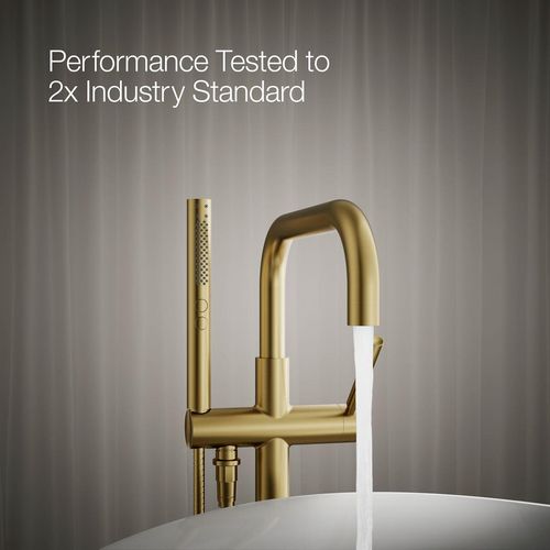 Main product image of Purist Floor-Mount Bathtub Filler Trim with Handshower (Vibrant Brushed Moderne Brass), K-T97328-4-2MB