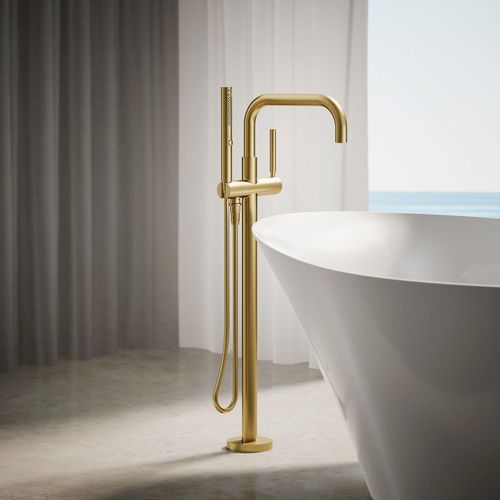 Main product image of Purist Floor-Mount Bathtub Filler Trim with Handshower (Vibrant Brushed Moderne Brass), K-T97328-4-2MB