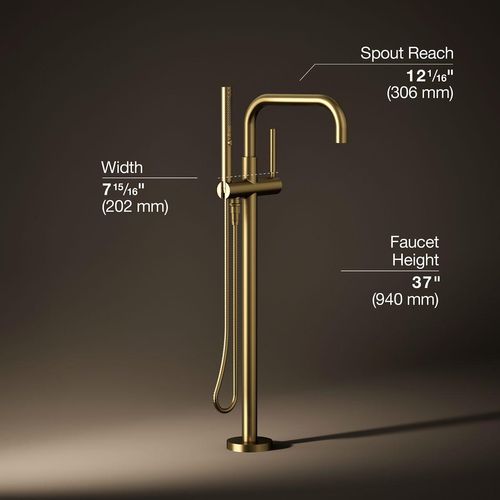Main product image of Purist Floor-Mount Bathtub Filler Trim with Handshower (Vibrant Brushed Moderne Brass), K-T97328-4-2MB