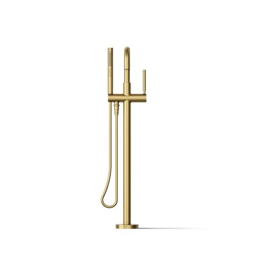 Main product image of Purist Floor-Mount Bathtub Filler Trim with Handshower (Vibrant Brushed Moderne Brass), K-T97328-4-2MB