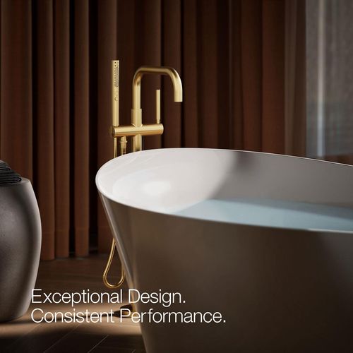 Main product image of Purist Floor-Mount Bathtub Filler Trim with Handshower (Vibrant Brushed Moderne Brass), K-T97328-4-2MB