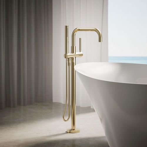 Main product image of Purist Floor-Mount Bathtub Filler Trim with Handshower (Vibrant French Gold), K-T97328-4-AF