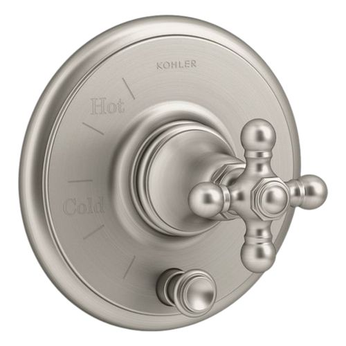 Main product image of Artifacts Rite-Temp Valve Trim w/ Push-Button Diverter And Cross Handle (Vibrant Brushed Nickel), K-T72768-3-BN