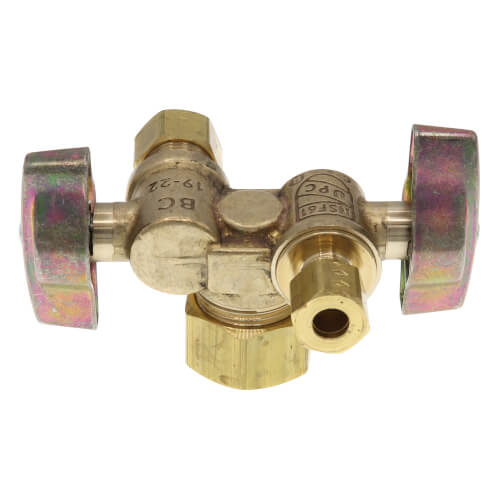 Main product image of 1/2" Nom Comp. (5/8" OD) x 3/8" x 1/4" OD Comp. Dual Outlet Angle Ball Stop Valve, Lead Free (Rough Brass)