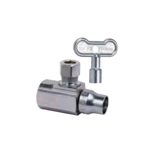 Main product image of 1/2" FIP x 3/8" OD Compression 1/4-Turn Angle Ball Stop Valve, Lead Free (Chrome)