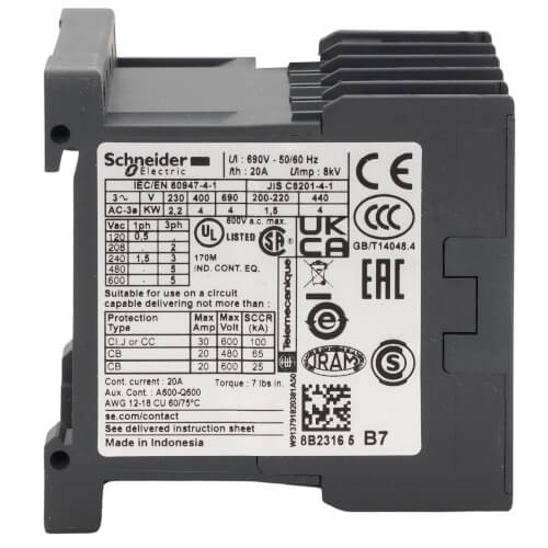 Main product image of TeSys K Mini IEC Non-Reversing Contactor (9A Inductive/20A Resistive, 24V Coil, 3P)