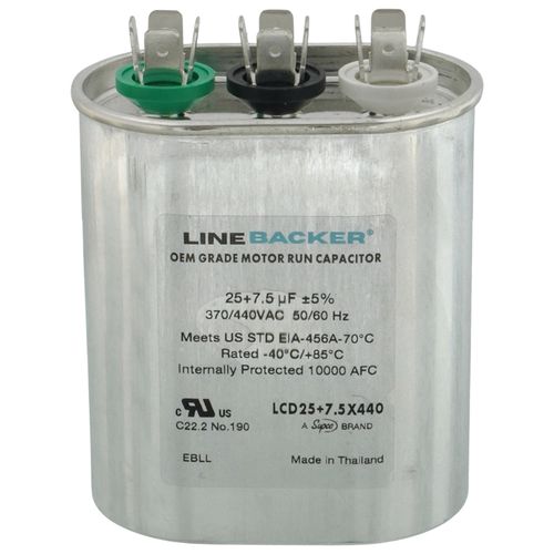 Main product image of 25/7.5 MFD Oval Linebacker Dual Run Capacitor (440V/370V), LCD25+7.5X440