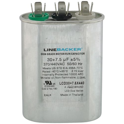 Main product image of 30/7.5 MFD Oval Linebacker Dual Run Capacitor (440V/370V), LCD30+7.5X440