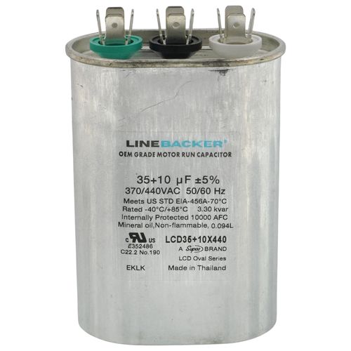 Main product image of 35/10 MFD Oval Linebacker Dual Run Capacitor (440V/370V), LCD35+10X440