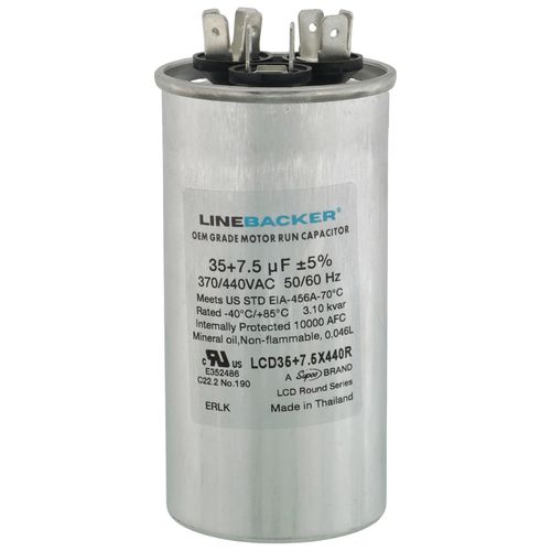 Main product image of 35/7.5 MFD Round Linebacker Dual Run Capacitor (440V/370V), LCD35+7.5X440R