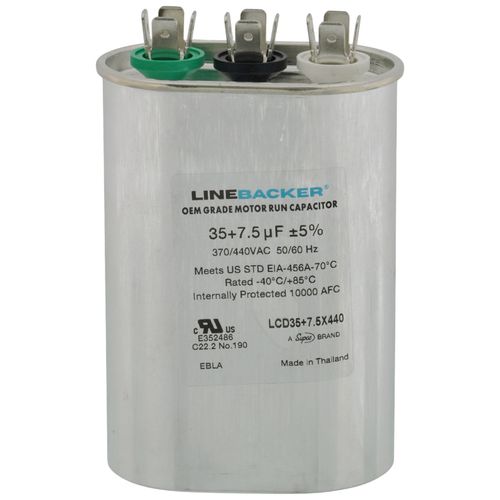 Main product image of 35/7.5 MFD Oval Linebacker Dual Run Capacitor (440V/370V), LCD35+7.5X440