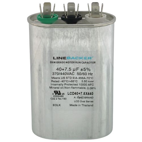 Main product image of 40/7.5 MFD Oval Linebacker Dual Run Capacitor (440V/370V), LCD40+7.5X440
