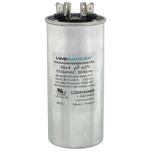 Main product image of 45/4 MFD Round Linebacker Dual Run Capacitor (440V/370V), LCD45+4X440R
