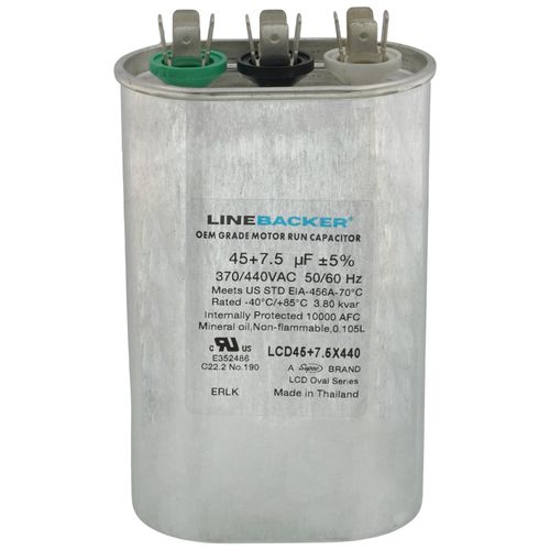 Main product image of 45/7.5 MFD Oval Linebacker Dual Run Capacitor (440V/370V), LCD45+7.5X440