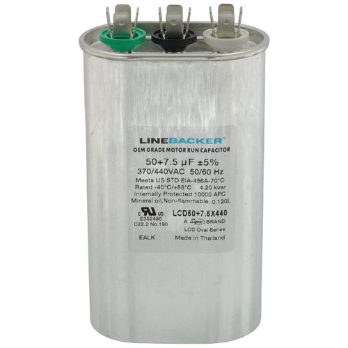 Main product image of 50/7.5 MFD Oval Linebacker Dual Run Capacitor (440V/370V), LCD50+7.5X440