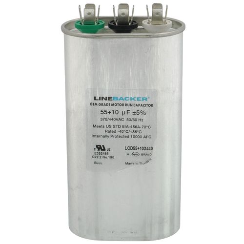 Main product image of 55/10 MFD Oval Linebacker Dual Run Capacitor (440V/370V), LCD55+10X440