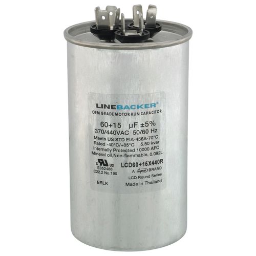 Main product image of 60/15 MFD Round Linebacker Dual Run Capacitor (440V/370V), LCD60+15X440R