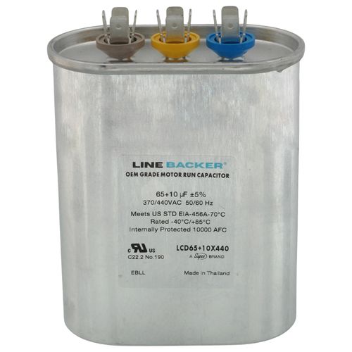 Main product image of 65/10 MFD Oval Linebacker Dual Run Capacitor (440V/370V), LCD65+10X440
