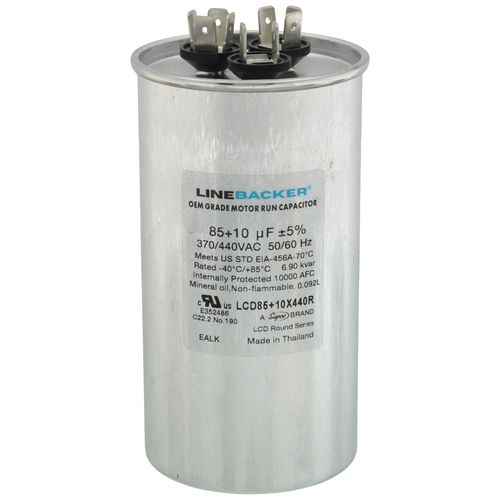 Main product image of 85/10 MFD Round Linebacker Dual Run Capacitor (440V/370V), LCD85+10X440R