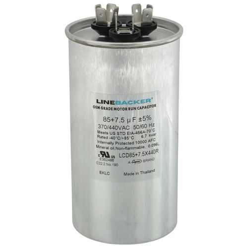 Main product image of 85/7.5 MFD Round Linebacker Dual Run Capacitor (440V/370V), LCD85+7.5X440R