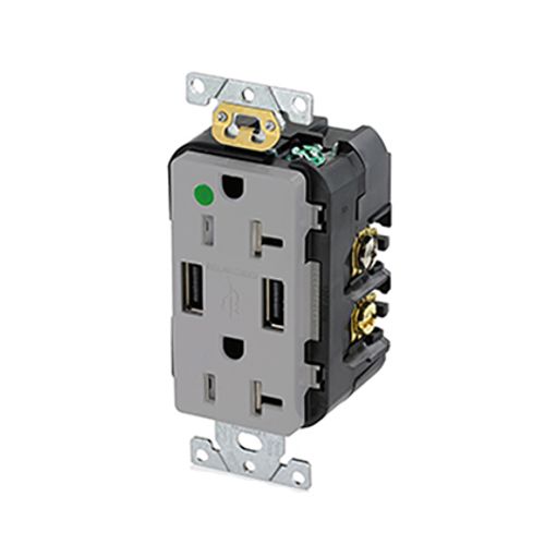 Main product image of 20A Tamper Resistant USB Duplex Receptacle, 125V, Back or Side Wire, NEMA 5-20R, 2-Pole, 3-Wire, Self-Grounding, (Gray), T5832-HGG