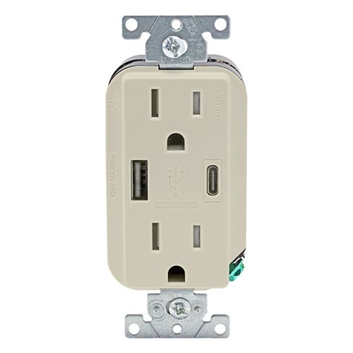 Main product image of Decora Tamper-Resistant Duplex Outlet with 27W USB-A/C Charger, Light Almond (15A, 125V)