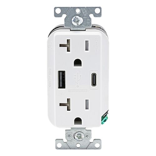 Main product image of Decora Tamper-Resistant Duplex Receptacle w/ 27W Dual Type A/C USB Charger, NEMA 5-20R - White (20A, 125V)