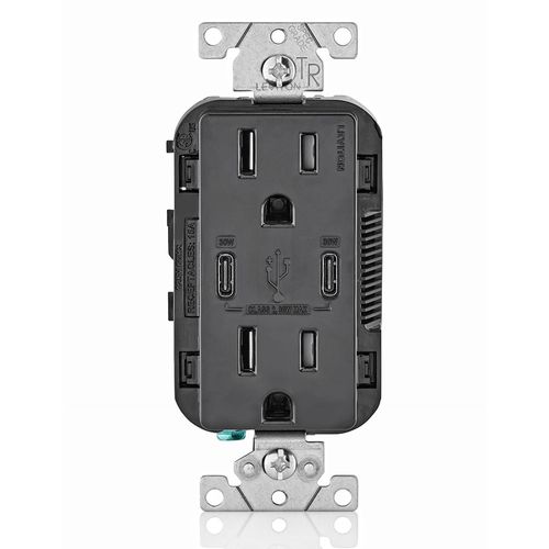 Main product image of Decora Tamper-Resistant Outlet w/ 30W Dual USB-C Power Delivery Charger, Black (15A, 125V), CC1P3-E