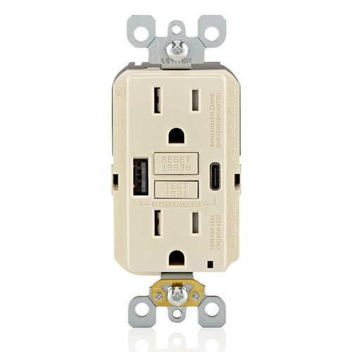 Main product image of SmartLockPro Self-Test GFCI Combination 24W Type A/C USB Charger, NEMA 5-15R - Light Almond (15A, 125V)