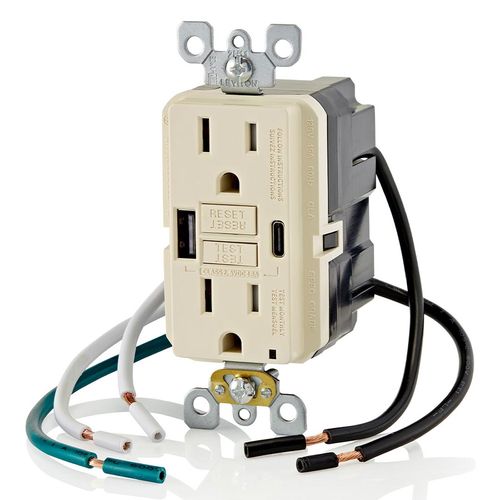 Main product image of SmartLockPro Self-Test GFCI Combination 24W Type A/C USB Charger, NEMA 5-15R - Light Almond (15A, 125V)
