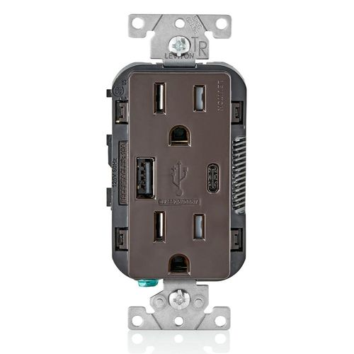 Main product image of Decora Tamper Resistant Combination Duplex Receptacle w/ 25W+ (5.1A) USB Charger, NEMA 5-15R - Brown (15A, 125V)