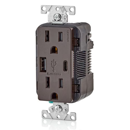 Main product image of Decora Tamper Resistant Combination Duplex Receptacle w/ 25W+ (5.1A) USB Charger, NEMA 5-15R - Brown (15A, 125V)