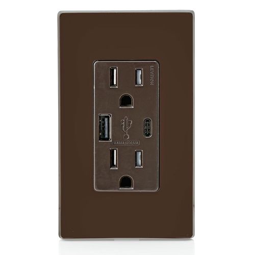 Main product image of Decora Tamper Resistant Combination Duplex Receptacle w/ 25W+ (5.1A) USB Charger, NEMA 5-15R - Brown (15A, 125V)