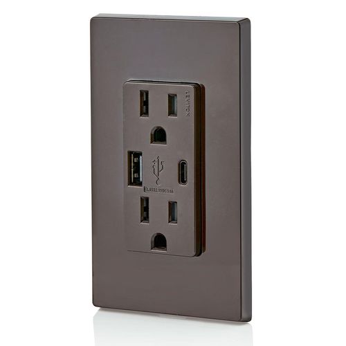 Main product image of Decora Tamper Resistant Combination Duplex Receptacle w/ 25W+ (5.1A) USB Charger, NEMA 5-15R - Brown (15A, 125V)
