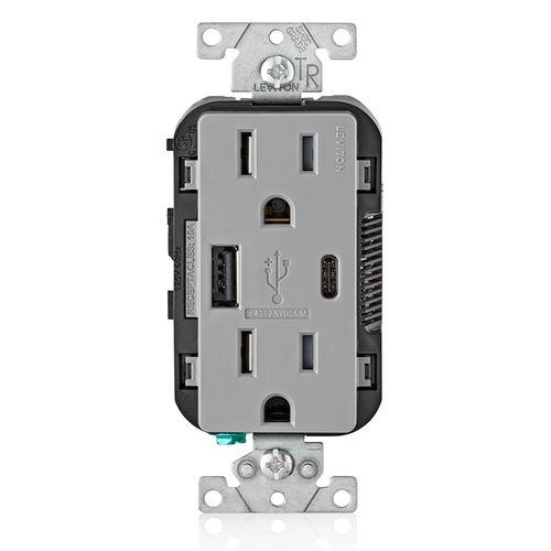 Main product image of Decora Tamper Resistant Combination Duplex Receptacle w/ 25W+ (5.1A) USB Charger, NEMA 5-15R - Gray (15A, 125V)