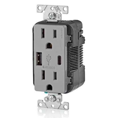 Main product image of Decora Tamper Resistant Combination Duplex Receptacle w/ 25W+ (5.1A) USB Charger, NEMA 5-15R - Gray (15A, 125V)