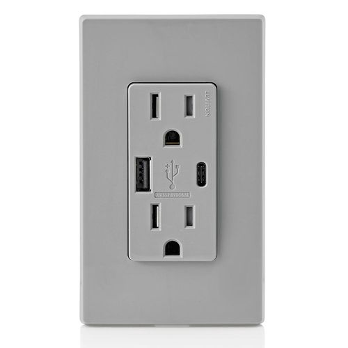 Main product image of Decora Tamper Resistant Combination Duplex Receptacle w/ 25W+ (5.1A) USB Charger, NEMA 5-15R - Gray (15A, 125V)