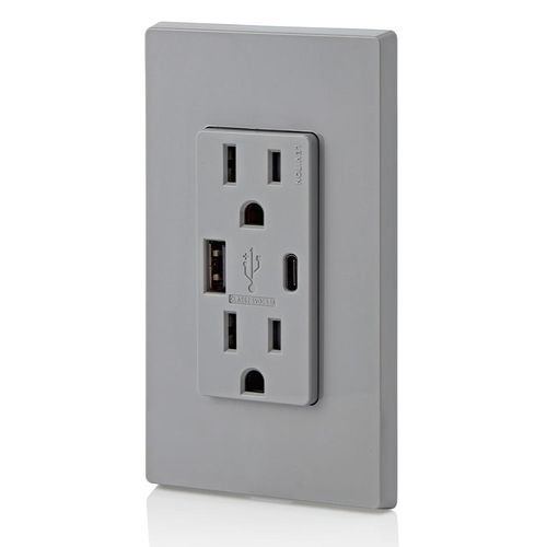 Main product image of Decora Tamper Resistant Combination Duplex Receptacle w/ 25W+ (5.1A) USB Charger, NEMA 5-15R - Gray (15A, 125V)