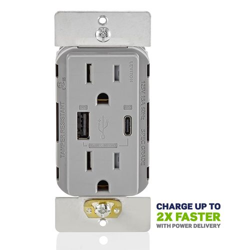 Main product image of Decora Tamper-Resistant Combination Duplex Receptacle w/ 60W (2A-2.5A) Dual Type A/C Power Delivery USB Charger, NEMA 5-15R - Gray (15A, 125V)