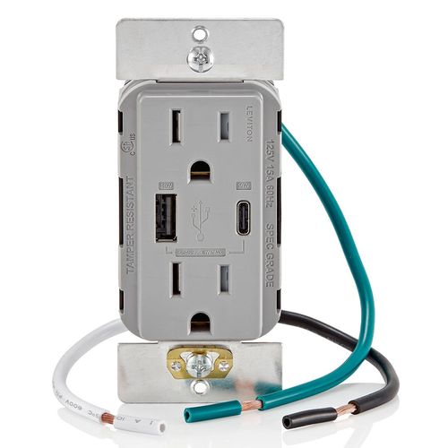 Main product image of Decora Tamper-Resistant Combination Duplex Receptacle w/ 60W (2A-2.5A) Dual Type A/C Power Delivery USB Charger, NEMA 5-15R - Gray (15A, 125V)