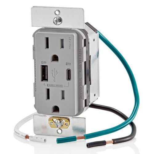 Main product image of Decora Tamper-Resistant Combination Duplex Receptacle w/ 60W (2A-2.5A) Dual Type A/C Power Delivery USB Charger, NEMA 5-15R - Gray (15A, 125V)