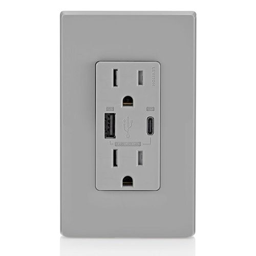 Main product image of Decora Tamper-Resistant Combination Duplex Receptacle w/ 60W (2A-2.5A) Dual Type A/C Power Delivery USB Charger, NEMA 5-15R - Gray (15A, 125V)